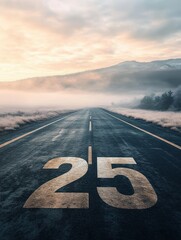 A fog-covered road stretches into the distance with the year 2025 painted on it, evoking a sense of mystery, anticipation, and new beginnings.