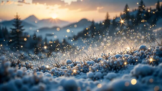 Snowy Landscape with Golden Bokeh at Sunset Mountains and Trees Winter Scenery