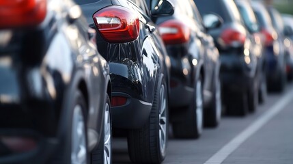 A row of sleek black cars parked in a modern urban setting showcasing automotive design and style : Generative AI