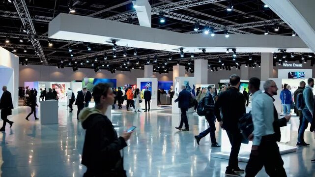 Wide-angle shot of a bustling tech expo with attendees exploring booths. The video captures a modern, high-tech atmosphere with bright lighting.