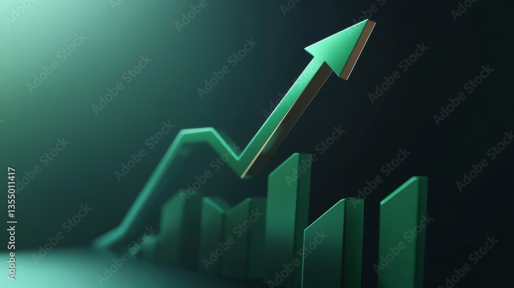 Poster a sleek and artistic 3d render of an upward-moving green arrow representing business and financial g