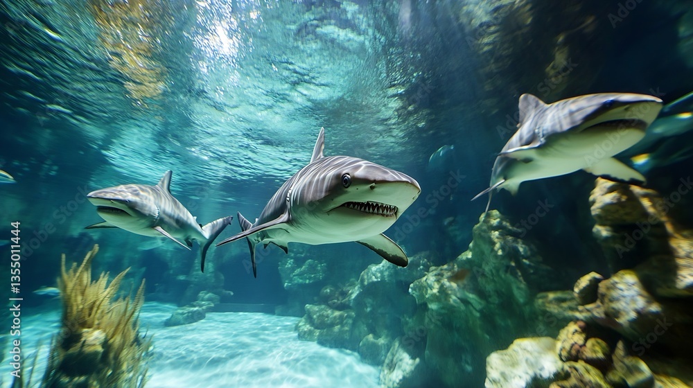 Poster Dynamic underwater scene capturing multiple sharks gracefully swimming in a vibrant aquarium setting : Generative AI