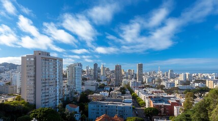 Stunning panoramic view of urban skyline with skyscrapers under a bright blue sky filled with fluffy clouds : Generative AI