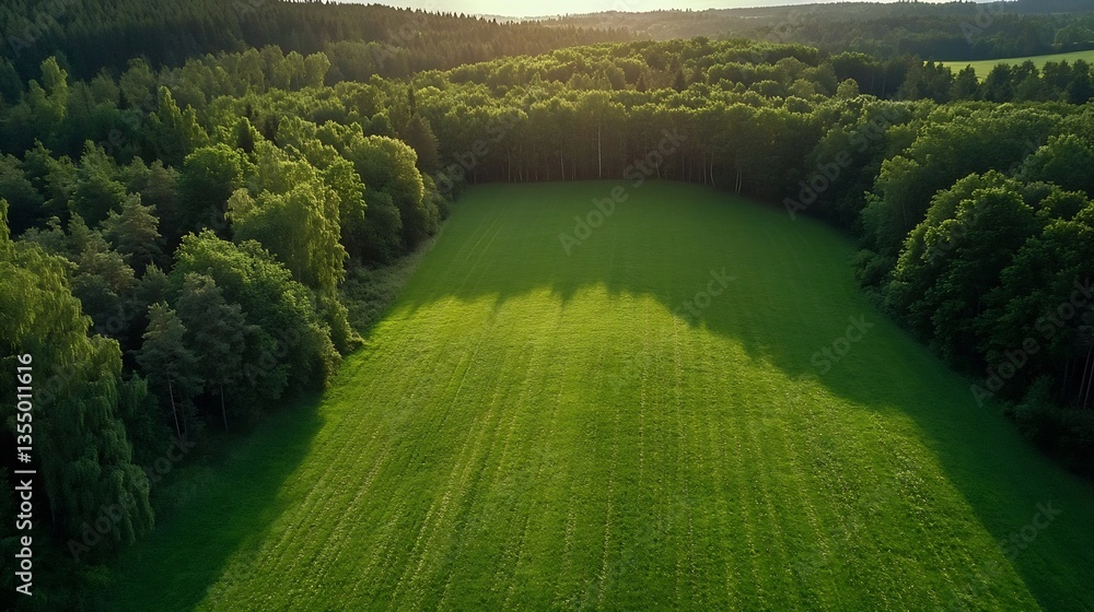 Poster aerial view of lush green fields and trees bathed in warm sunlight creating a tranquil rural landsca