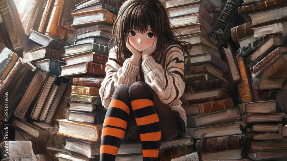 Poster a young girl with a thoughtful expression sits amid towering stacks of books, conveying a cozy and i