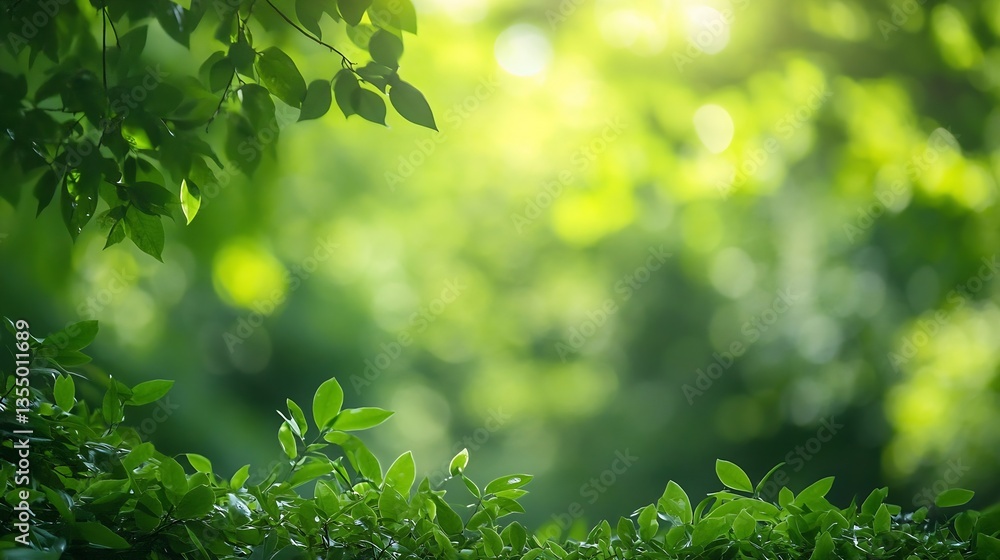 Poster beautifully blurred background of vibrant green leaves and soft glowing light creating a tranquil na
