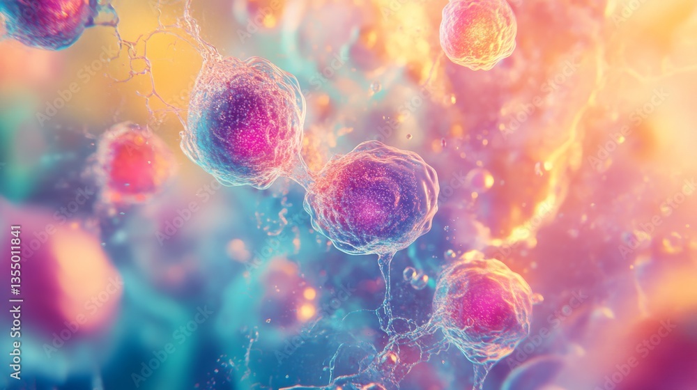 Poster an abstract and colorful visualization of cells connected by delicate structures, set against a grad
