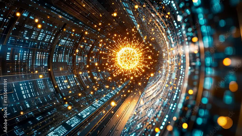 Poster digital data tunnel with glowing particles and energy