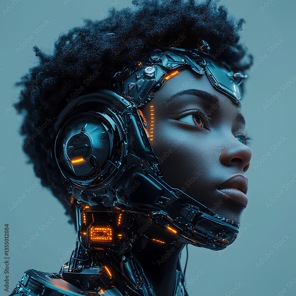 Poster futuristic robot with sleek design and intricate details, featuring glowing elements and unique hair