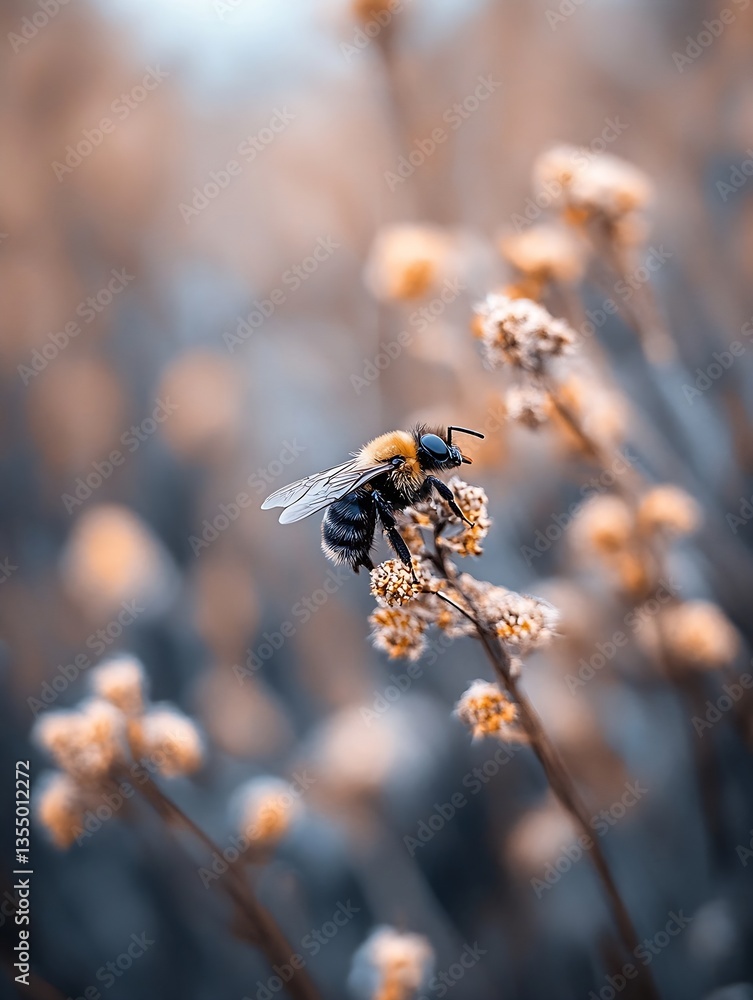 Poster Close up of a bee collecting pollen from a flower in a colorful autumn setting : Generative AI
