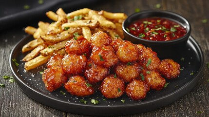 Fototapeta premium Spicy chicken bites, fries, sauce, wood, food photography