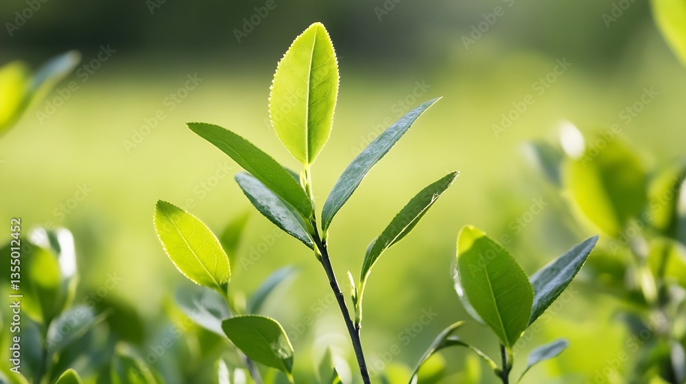 Poster close up of vibrant green tea leaves illuminated by soft sunlight in a tranquil nature setting : gen