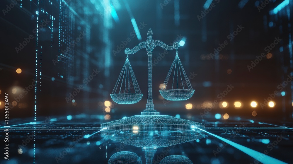Poster digital scales of justice glowing on a futuristic tech background.