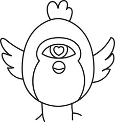 boho easter Cartoon bird with wings and a heart-shaped eye design. in doodle style
