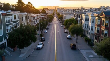 Fototapeta premium Picturesque street lined with historic buildings leading towards a distant hill while basking in sunlight : Generative AI