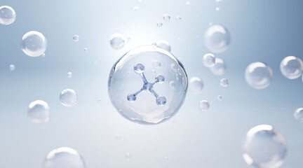Blue transparent molecule in serum bubble. Scientific skincare innovation concept. Perfect for cosmetic, hydration, and anti-aging product design.
