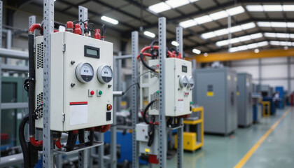Industrial power monitoring box on factory rack, safety and reliability