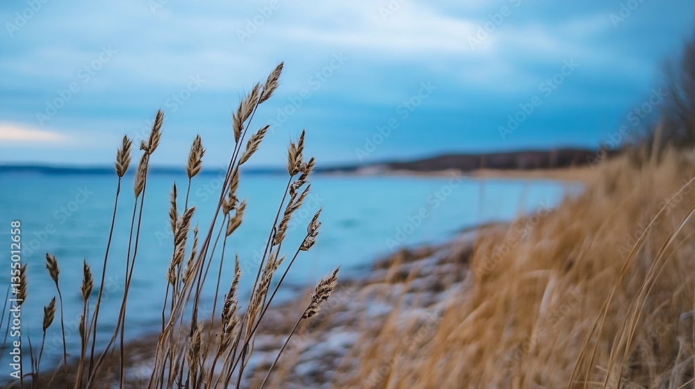Poster peaceful lakeside scene with golden grass swaying in the wind under a cloudy sky : generative ai