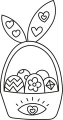 boho easter Basket filled with decorated Easter eggs and bunny ears. in doodle style