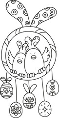 boho easter Two playful birds with decorative eggs hanging below them. in doodle style
