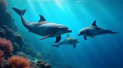 Fototapeta premium Dolphins Ocean Sun Marine Life, Dolphins ocean sun, three dolphins swimming in the ocean, world ocean day