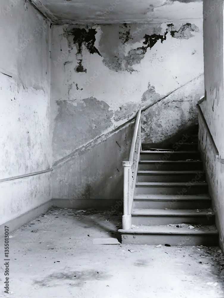 Aufkleber an eerie abandoned staircase in an old building showcasing peeling walls and neglect with a haunting