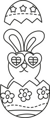 boho easter Coloring page of a bunny in an Easter egg with heart-shaped glasses. in doodle style