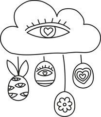 boho easter Whimsical illustration of hanging ornaments and an eye above a cloud. in doodle style