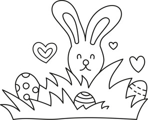 boho easter Cute bunny surrounded by decorated eggs and hearts in grass. in doodle style