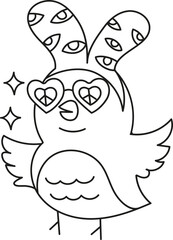 boho easter Colorful cartoon bird with heart-shaped glasses and whimsical ears. in doodle style