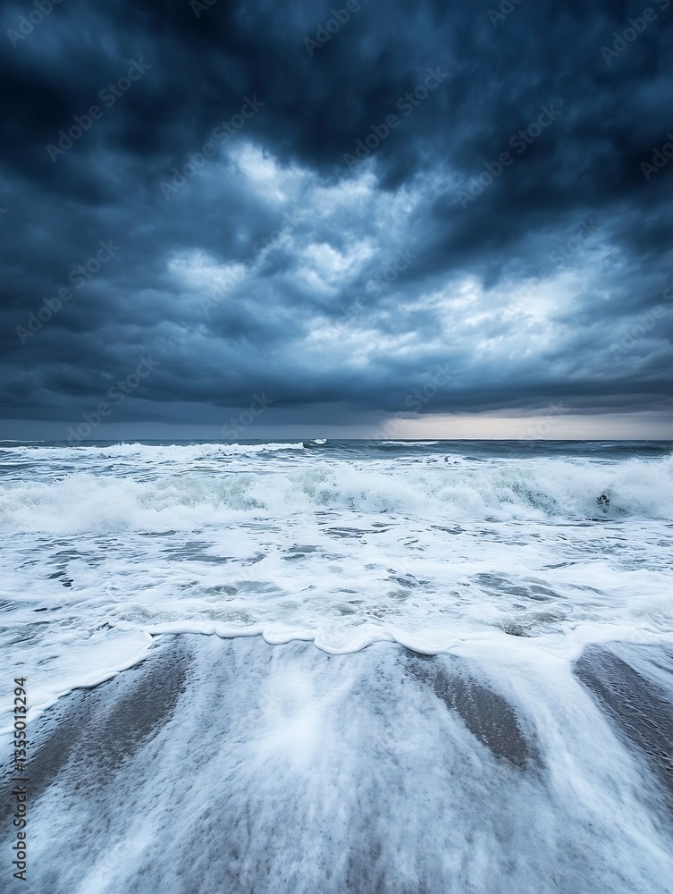 Aufkleber Dramatic seascape with crashing waves and dark storm clouds creating a moody atmosphere over the ocean : Generative AI