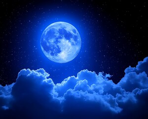 Obraz premium A large blue moon shines brightly among the fluffy cloud formations