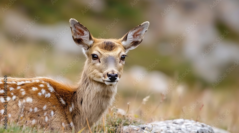 Poster closeup of a young deer resting in nature showcasing its soft fur and curious expression : generativ