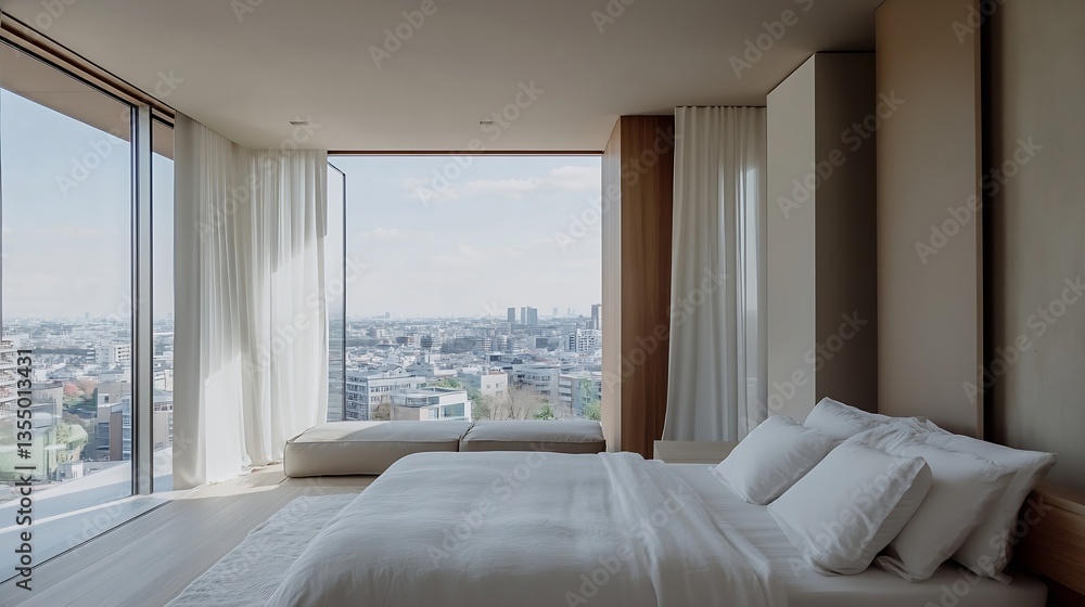 Aufkleber modern bedroom design featuring large windows neutral tones and a stunning city view to enhance rela