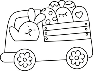 boho easter Cute bunny driving a truck loaded with colorful Easter eggs. in doodle style