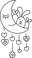 boho easter Cute bunny resting in a crescent moon with hearts and a flower. in doodle style
