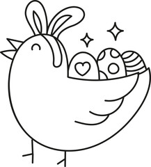 boho easter Chick holding colorful Easter eggs with a cheerful expression. in doodle style