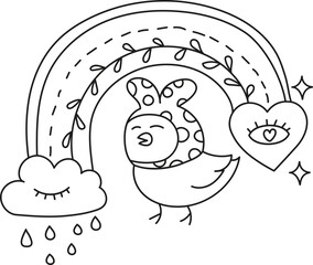 boho easter Cute chicken with a rainbow and heart elements, outlined for coloring. in doodle style