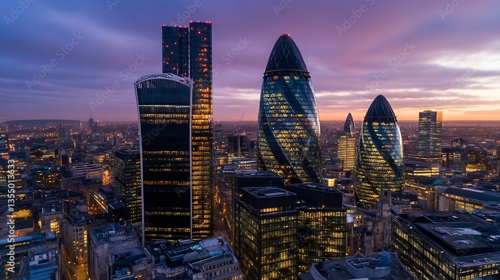 Poster breathtaking skyline of modern city buildings illuminated at dusk with a colorful sky and lights : g