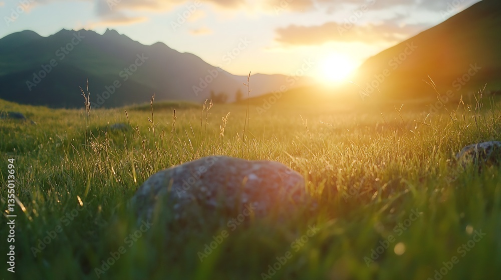 Aufkleber Breathtaking view of sun setting over mountains with vibrant green grass in the foreground creating a serene landscape : Generative AI