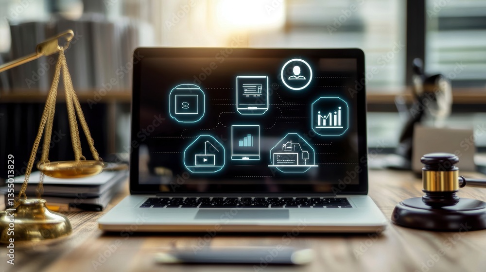 Poster laptop displaying digital icons on a wooden desk with a gavel and scales of justice.