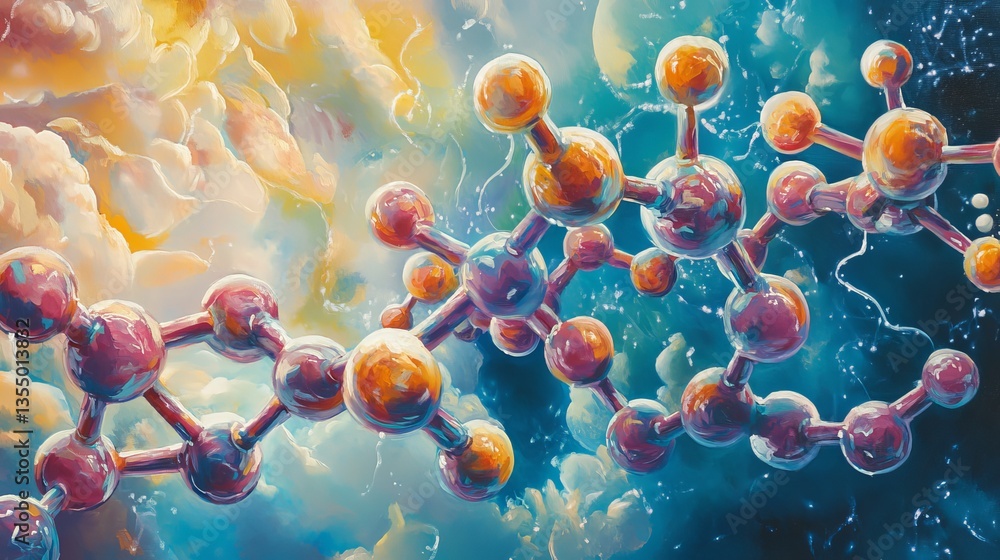 Poster a colorful depiction of molecular chains floating against a cosmic background, blending science with