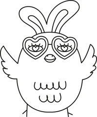 boho easter Cartoon bird with heart-shaped glasses and bunny ears. in doodle style