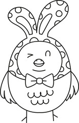 boho easter Cartoon bird wearing bunny ears and a bow tie, winking playfully. in doodle style