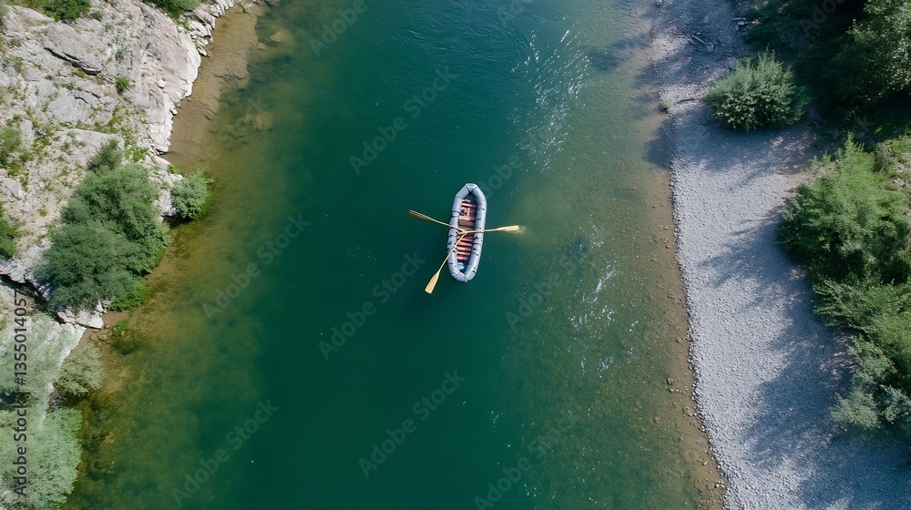 Poster aerial view of a serene river with a canoe and rowers gliding over clear blue water : generative ai