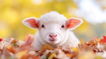 Naklejka premium Adorable lamb in autumn leaves