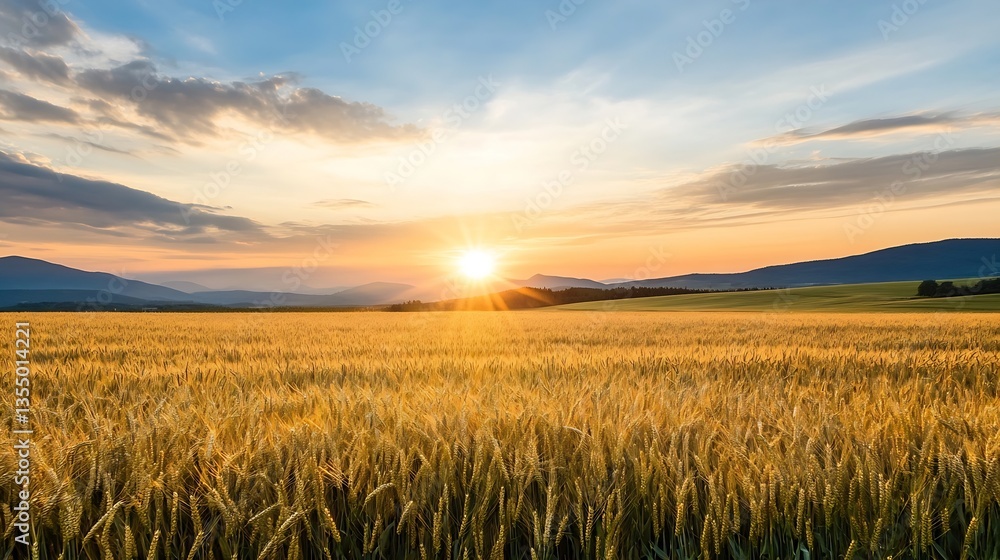 Poster golden wheat fields glowing under the sunset with a scenic valley and mountains in the backdrop : ge