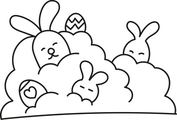 boho easter Bunnies hiding among fluffy clouds with Easter eggs. in doodle style