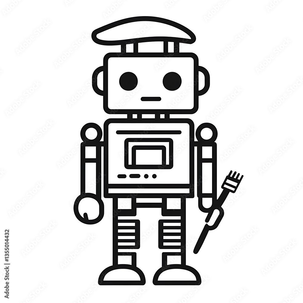 Poster minimalistic robot character stands with simple design, featuring rectangular body, round head, and 
