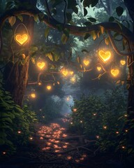 Obraz premium Heart-Shaped Lights in a Magical Forest Path
